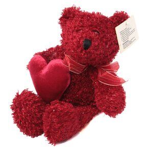 Valentines Heart Plush Bear Stuffed Animal Toy Metallic Silver Red Soft Teddy